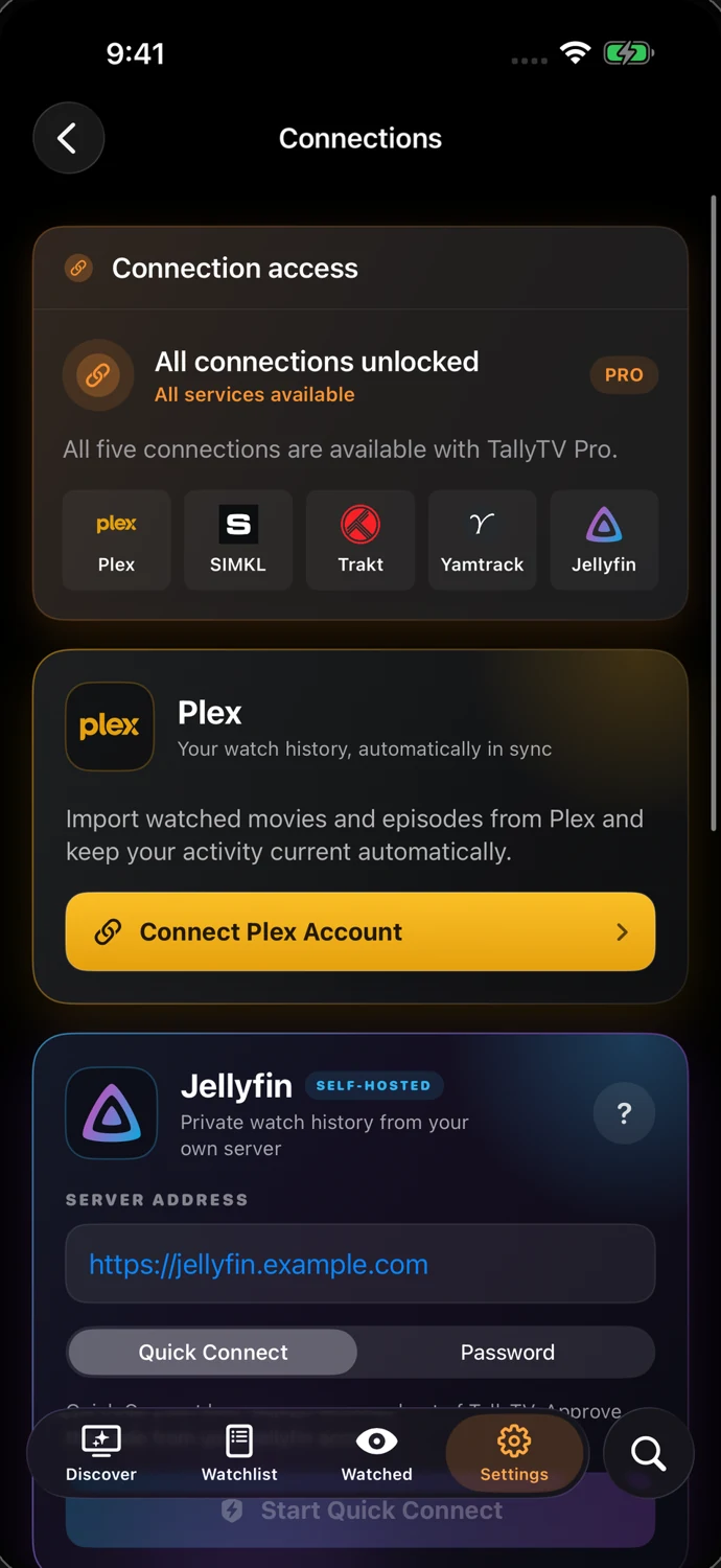 TallyTV Connections screen on iOS, showing Plex and Jellyfin connection options